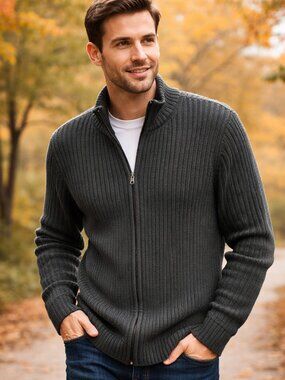 Pacific Heights Men's Black Ribbed Knit Zip Sweater, XXL